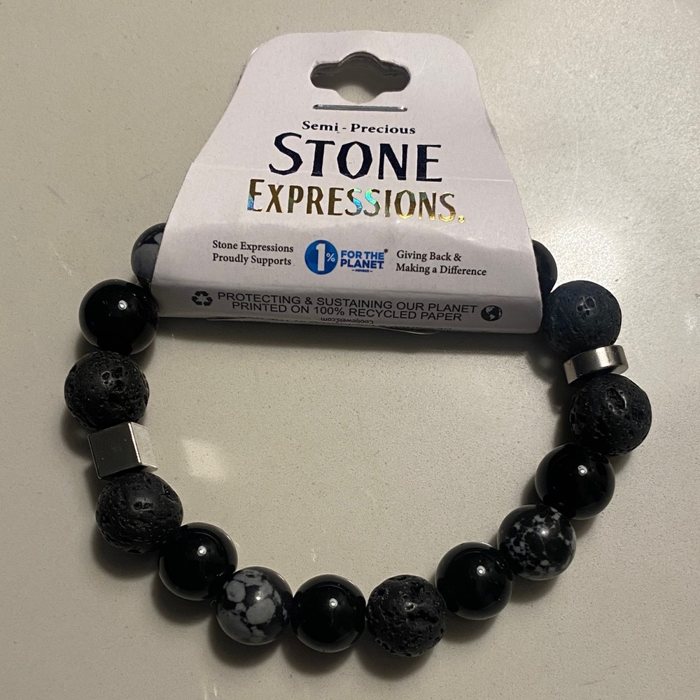 Expressions Black beaded and Silver stretch Bracelet. Obsidian and lava. NWT